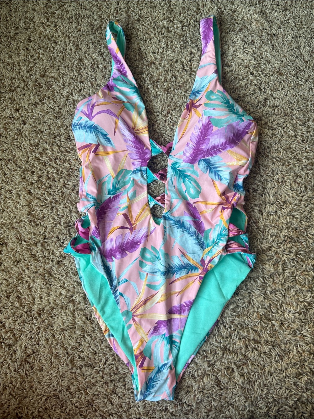 Bar III Pink Tropical One-Piece Swimsuit with Teal and Purple Accents